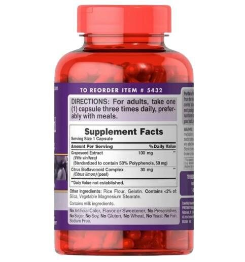 Екстракт виноградних кісточок Puritan's Pride Grapeseed Extract 100 мг, 200 капсул