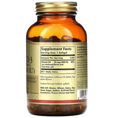 Вітамін Д3 Solgar Vitamin D3 (Cholecalciferol) 10 мкг (400 МО) м'які капсули №250