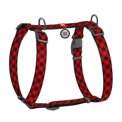 Шлея для собак Collar WAUDOG Nylon Шотландка червона анатомічна H-подібна з QR-паспортом, розмір М, пластик