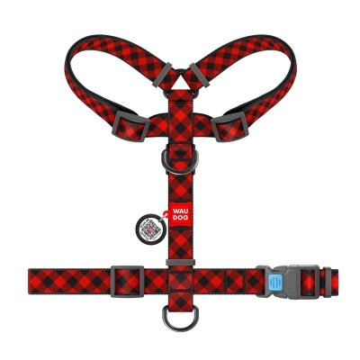 Шлея для собак Collar WAUDOG Nylon Шотландка червона анатомічна H-подібна з QR-паспортом, розмір М, пластик