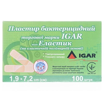 Пластир бактерицидний IGAR тип Еластик на еластичній полімерній основі 1,9 см х 7,2 см, 100 штук
