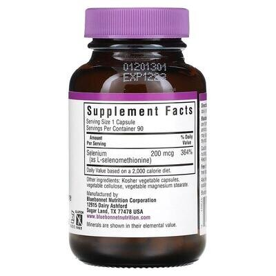 Селен Bluebonnet Nutrition Selenium 200 мкг, без дріжджів, 90 вегетаріанських капсул