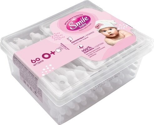 Ватні палички Smile Baby з обмежувачем, 60 шт