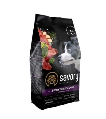 Корм сухий для собак середніх порід Savory 30266 зі свіжим м’ясом індички і ягняти, 3 кг