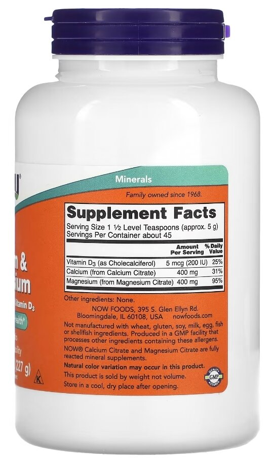 Кальцій та магній NOW Calcium Magnesium порошок, 227 г
