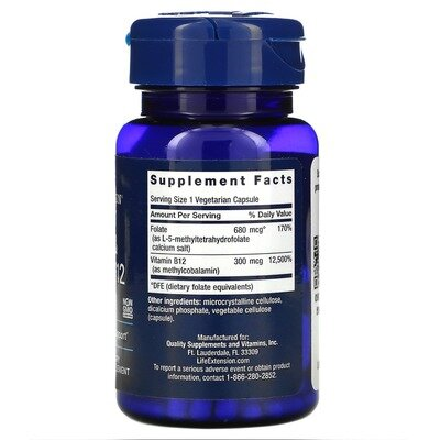 Фолат та B12 Life Extension BioActive Folate & Vitamin B12, 90 вегетаріанських капсул