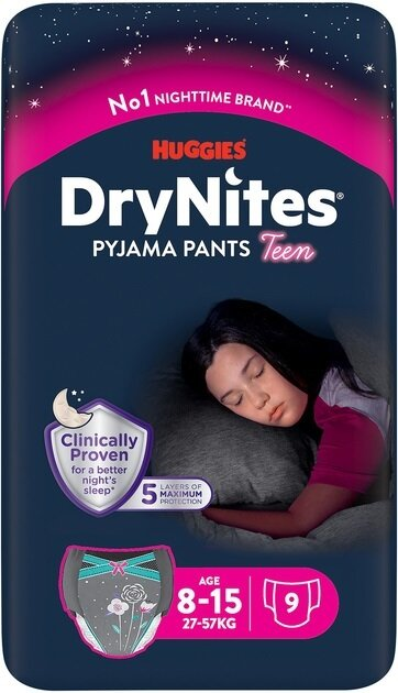 Підгузки-трусики Huggies Dry Nites для дівчаток 8-15 років, 27-57 кг, нічні, 9 шт