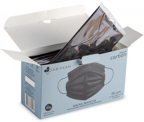 Маска захисна Abifarm Black Carbon з вугільним фільтром, 3-шарова, стерильна, 25 штук