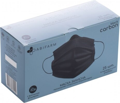 Маска захисна Abifarm Black Carbon з вугільним фільтром, 3-шарова, стерильна, 25 штук