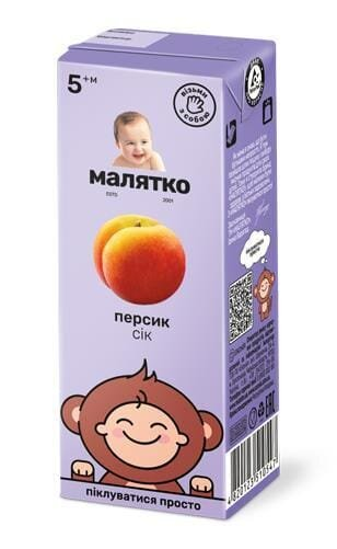 Сік Малятко Персиковий з м'якоттю, з цукром, 200 мл