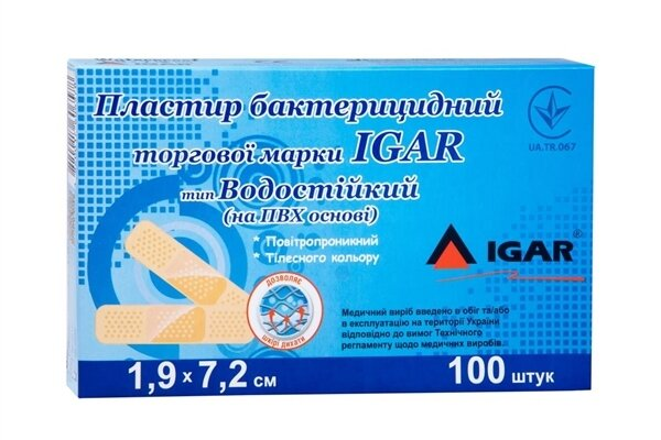 Пластир бактерицидний IGAR тип Водостійкий на полімерній основі (ПВХ) 1,9 см х 7,2 см, 1 штука