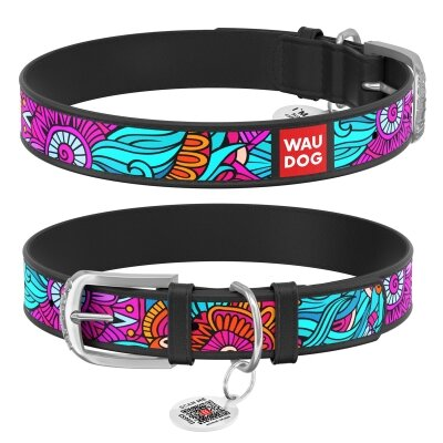 Нашийник для собак Collar WAUDOG Design з QR паспортом, малюнок Літо, шкіряний, ширина 12 мм довжина 19-25 см, чорний