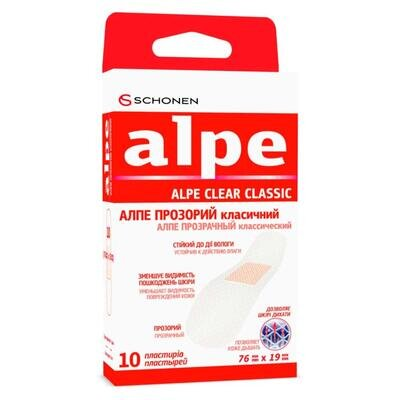 Пластир медичний Alpe Clear Classic на нетканій основі, прозорий, класичний 76 мм х 19 мм, 10 штук