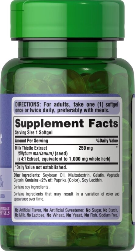 Розторопша Puritan's Pride Milk Thistle Extract 1000 мг, 30 гелевих капсул