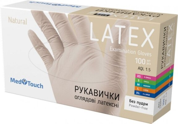 Рукавички оглядові MedTouch латексні без пудри нестерильні, розмір L, бежеві, 100 штук