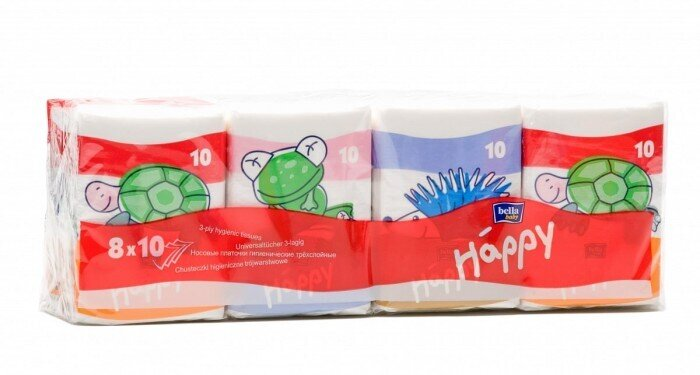 Хустинки паперові носові гігієнічні Bella Baby Happy Mini тришарові, 10 шт x 8 уп