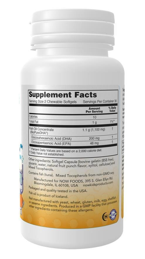 Докозагексаєнова кислота для дітей NOW DHA Kids Fish Oil жувальні капсули №60