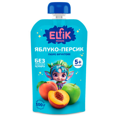 Пюре фруктове Elfik Magic для дітей з 5 місяців яблуко-персик, 100 г