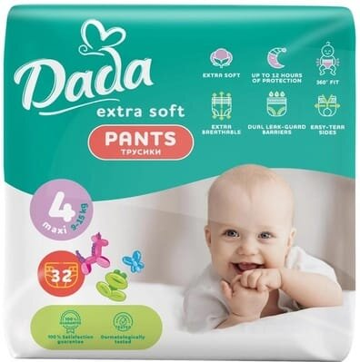 Підгузки-трусики Dada Extra Soft Maxi дитячі, розмір 4, 9-15 кг, 32 шт