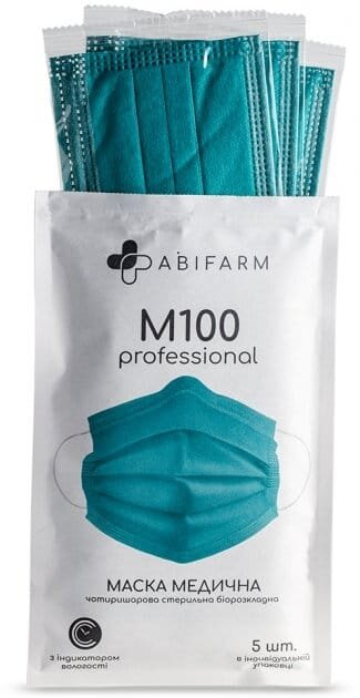 Маска захисна Abifarm M100 з індикатором вологості, 4-шарова, стерильна, 5 штук