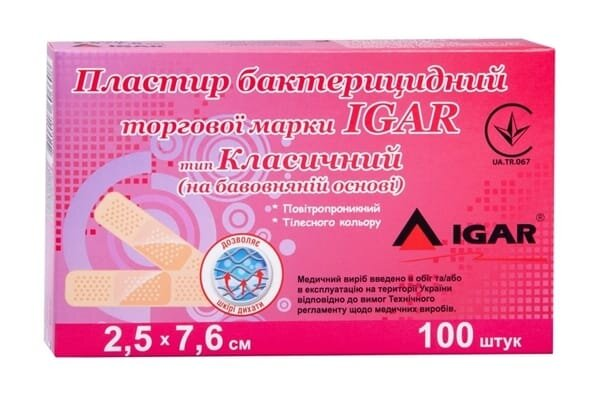 Пластир бактерицидний IGAR тип Класичний на тканинній основі (бавовна) 2,5 см х 7,6 см, 1 штука