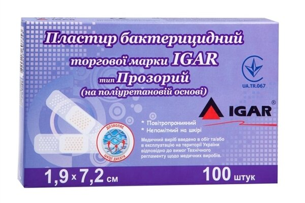 Пластир бактерицидний IGAR тип Прозорий на полімерній основі (поліуретан) 1,9 см х 7,2 см, 1 штука