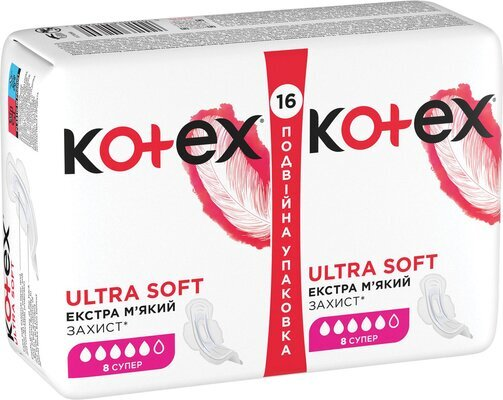 Прокладки гігієнічні Kotex Ultra Soft супер, м'яка поверхня, 16 шт