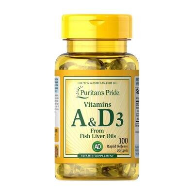 Вітаміни А і D3 Puritan's Pride Vitamins A & D3 from Fish Liver Oil, 100 гелевих капсул