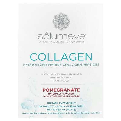 Морський колаген з гіалуроновою кислотою і вітаміном С Solumeve Hydrolyzed marine plus Vitamin C and Hyaluronic Acid гранат, 30 пакетиків