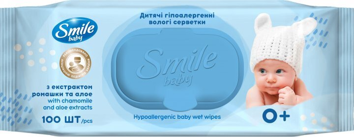 Серветки вологі Smile Baby 0+ дитячі з екстрактом ромашки, алое та вітамінним комплексом, 100 шт