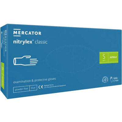 Рукавички оглядові Mercator Medical Nitrylex Classic нітрилові непудровані, розмір S, нестерильні, сині, 100 штук