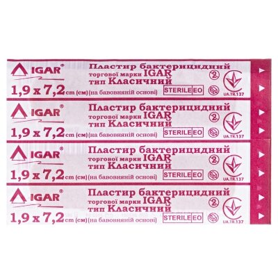 Пластир бактерицидний IGAR тип Класичний на тканинній основі (бавовна) 1,9 см х 7,2 см, 100 штук