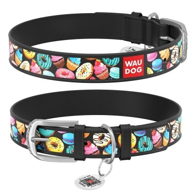 Нашийник для собак Collar WAUDOG Design з QR паспортом, малюнок Пончики, шкіряний, ширина 12 мм довжина 21-29 см, чорний