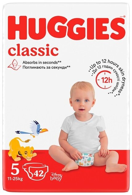 Підгузки Huggies Classic дитячі розмір 5, 11-25 кг, 42 шт