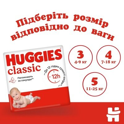 Підгузки Huggies Classic дитячі розмір 5, 11-25 кг, 42 шт
