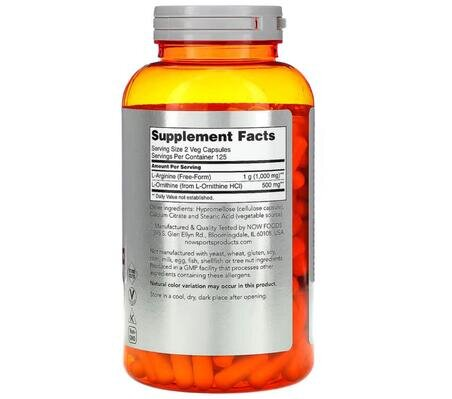 Аргінін та орнітін NOW Sports Arginine & Ornithine 500 мг/250 мг вег. капсули №250