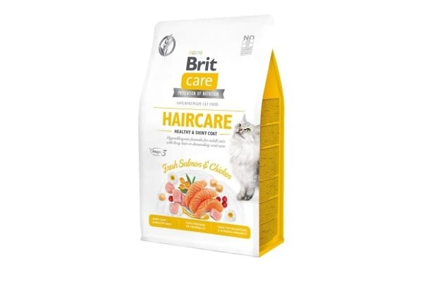Корм сухий Brit Care Cat GF Haircare Healthy & Shiny Coat для кішок, які потребують догляду за шкірою і шерстю з лососем і куркою, 400 г