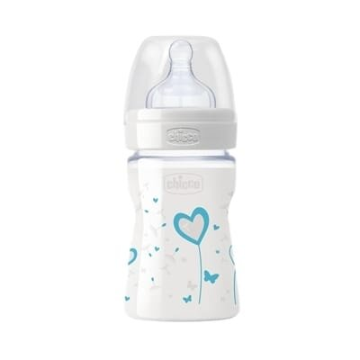 Пляшка скляна Chicco Well-Being з соскою силіконовою, нормальний потік, 150 мл