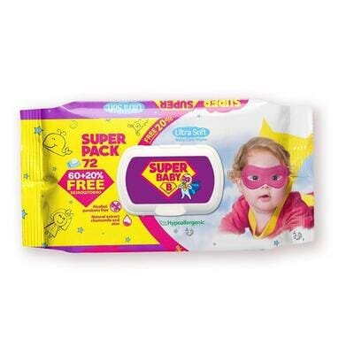 Серветки вологі Super Baby дитячі Ромашка та алое, 72 шт