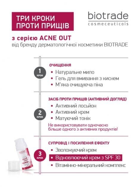 Крем для обличчя Biotrade Acne Out SPF 30 відновлюючий для шкіри зі слідами постакне, 30 г