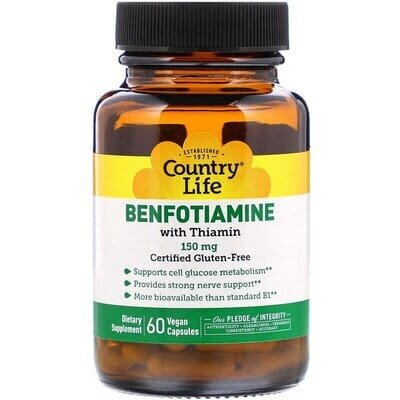 Бенфотіамін з тіаміном Country Life Benfotiamine with Thiamin 150 мг, 60 рослинних капсул