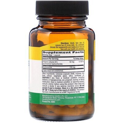 Бенфотіамін з тіаміном Country Life Benfotiamine with Thiamin 150 мг, 60 рослинних капсул