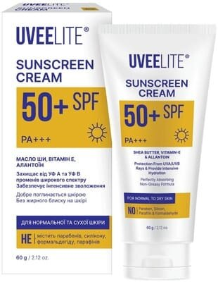 Крем сонцезахисний Uveelite УФ-лайт SPF50+ захист і зволоження, нормальна та суха шкіра, 60 г