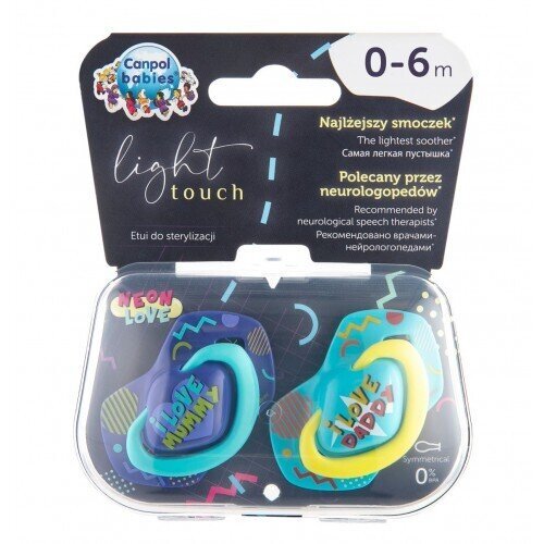 Пустушка силіконова Canpol Babies Neon Love симетрична 22/652_blu, 0-6 місяців, 2 шт