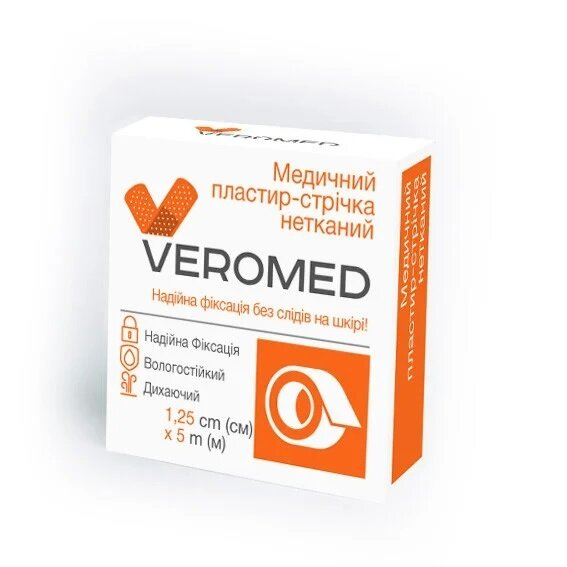Пластир медичний Veromed на тканинній основі 1.25 см х 500 см, 1 штука