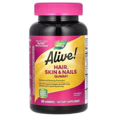 Дієтична добавка Nature's Way Alive! для волосся, шкіри та нігтів з колагеном, жувальні мармеладки зі смаком полуниці, №60