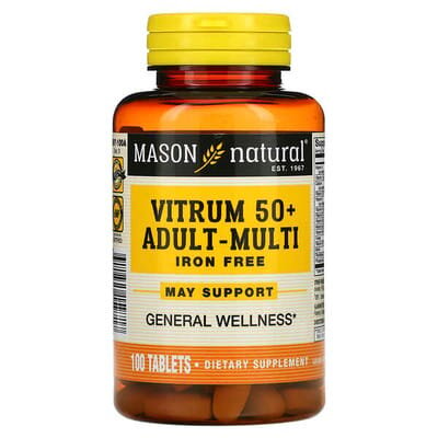 Мультивітаміни 50+ без заліза Mason Natural Vitrum 50+ Adult-Multi Iron Free, 100 таблеток