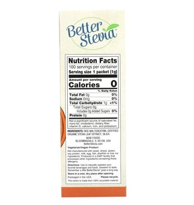 Стевія NOW Better Stevia порошок, 100 пакетиків