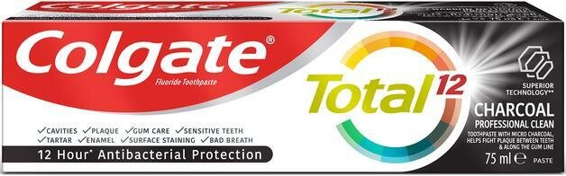 Зубна паста Colgate Total 12 Charcoal & Clean антибактеріальна з деревним вугіллям, 75 мл