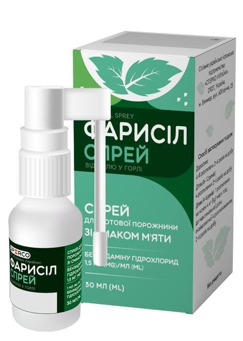 Фарисіл спрей від болю у горлі спрей д/рот. порож. зі смак. м'яти, 1.5 мг/мл по 30 мл у конт.